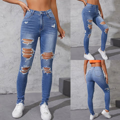 Hole Jeans  Ripped Skinny Raise Tail Push Up High Waist Denim Pants Trousers
