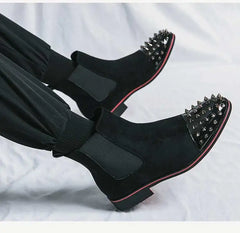 Handmade Chelsea Boots Flock Rivet Square Short Boots