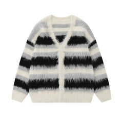 Striped Fleece-lined V-neck Sweater Jacket