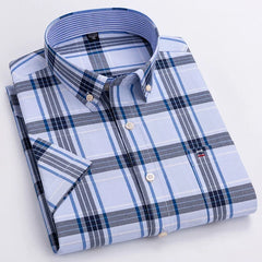 100% Pure Cotton  Oxford Short Sleeve Square Collar Solid Plaid Striped Shirt