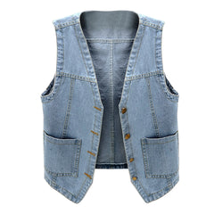 Sleeveless Denim Vest V Neck Button Jean Jacket Double Pocket