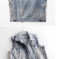 Denim Women Vest Luxury Pearl  Ripped  Jeans  Sleeveless Loose Short Coat