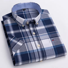 100% Pure Cotton  Oxford Short Sleeve Square Collar Solid Plaid Striped Shirt