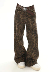 Baggy Leopard Print k Jeans Women High Waisted  Wide Leg Denim Pants