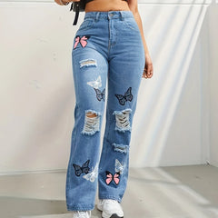 Butterfly Printing Denim Trousers