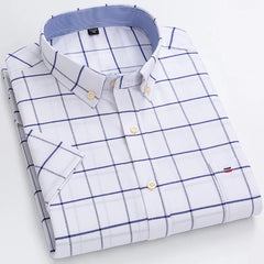 100% Pure Cotton  Oxford Short Sleeve Square Collar Solid Plaid Striped Shirt