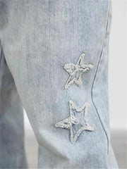 Embroidered Straight-leg Pants Button Pocket Washed Trousers
