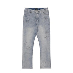 Embroidered Straight-leg Pants Button Pocket Washed Trousers