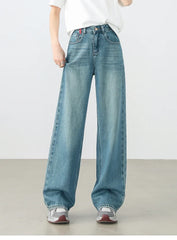 Cotton Jeans Pants Straight Vintage Denim High-waist Full-length Pockets Trousers