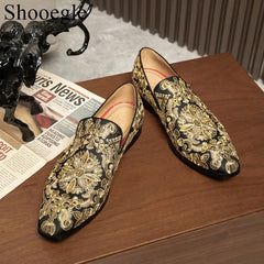 Stud Crystal Gold Shoes Embroidery Comfort Loafers Floral Flats Shoes