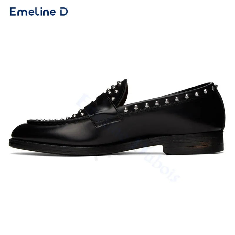 Personalized Studded Black Loafers Fashionable Slip-On Leather  Shoes