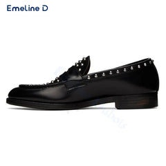 Personalized Studded Black Loafers Fashionable Slip-On Leather  Shoes