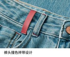 Cotton Jeans Pants Straight Vintage Denim High-waist Full-length Pockets Trousers