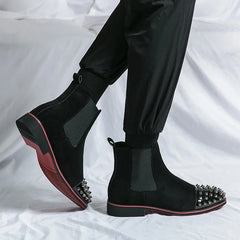 Handmade Chelsea Boots Flock Rivet Square Short Boots