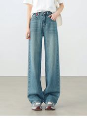 Cotton Jeans Pants Straight Vintage Denim High-waist Full-length Pockets Trousers