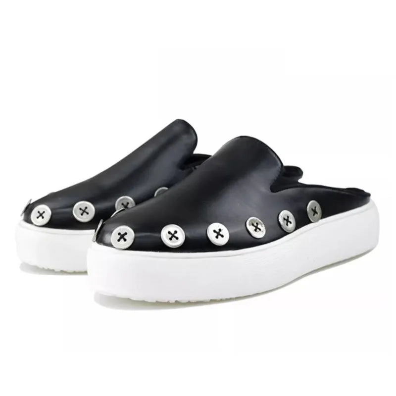 Genuine Leather Thick Sole Street Trendy Button Mule Shoes Slip on Loafers