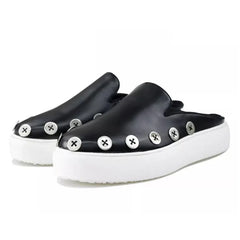Genuine Leather Thick Sole Street Trendy Button Mule Shoes Slip on Loafers