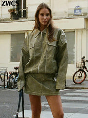 Locomotive Leather Jacket Skirts Vintage Lapel Zipper Pocket Overcoats Mini Skirt