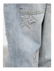 Embroidered Straight-leg Pants Button Pocket Washed Trousers