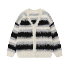 Striped Fleece-lined V-neck Sweater Jacket