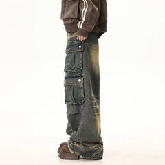 Street Personality Straight Tube Multi Pocket Work Clothes Jeans  Retro Pants