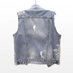 Denim Women Vest Luxury Pearl  Ripped  Jeans  Sleeveless Loose Short Coat
