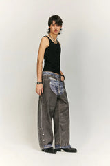 Leather Digitally Printed Jeans Distressed Y2k Men’s Jeans Motorcycle Jeans