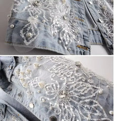 Denim Women Vest Luxury Pearl  Ripped  Jeans  Sleeveless Loose Short Coat