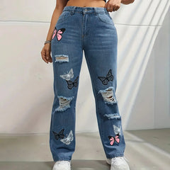 High Waist Button Up Butterfly Print Jeans Fashion