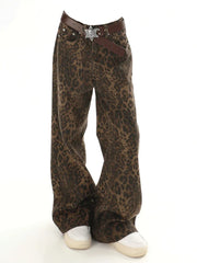 Baggy Leopard Print k Jeans Women High Waisted  Wide Leg Denim Pants