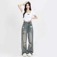 American Retro Hole-punched Jeans High Waist Straight-crotch Loose Slim Jean