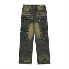 Street Personality Straight Tube Multi Pocket Work Clothes Jeans  Retro Pants