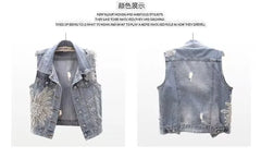 Denim Women Vest Luxury Pearl  Ripped  Jeans  Sleeveless Loose Short Coat