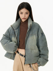 Retro American Neutral Denim Blue down Cotton Jacket