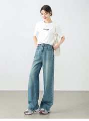Cotton Jeans Pants Straight Vintage Denim High-waist Full-length Pockets Trousers