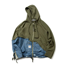 Denim Patchwork Sweatshirts Zipper Sleeve Pullover Hoodies