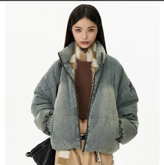 Retro American Neutral Denim Blue down Cotton Jacket