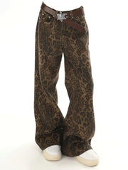 Baggy Leopard Print k Jeans Women High Waisted  Wide Leg Denim Pants