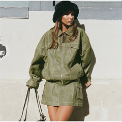 Locomotive Leather Jacket Skirts Vintage Lapel Zipper Pocket Overcoats Mini Skirt