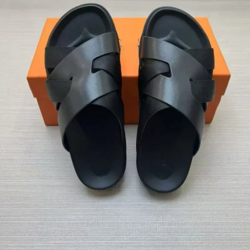 Limited Sale Cow Leather Brand Men's Summer Fashion Slippers Luxury All-match Flat Beach Shoes Flip Flops Factory Direct Sales