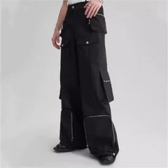 Zipper decorated straight leg pants casual three-dimensional pocket loose