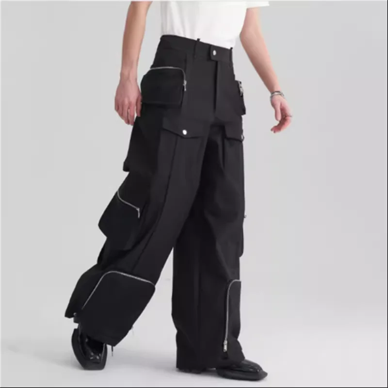 Zipper decorated straight leg pants casual three-dimensional pocket loose