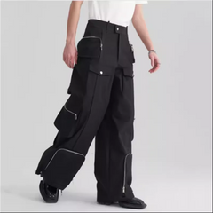 Zipper decorated straight leg pants casual three-dimensional pocket loose