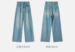 Cotton Jeans Pants Straight Vintage Denim High-waist Full-length Pockets Trousers