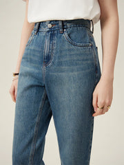100% Cotton Cropped Jeans  Waist Straight Leg Denim Blue Pants