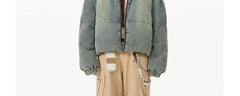 Retro American Neutral Denim Blue down Cotton Jacket