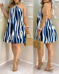 Tropical Print Halter Neck Dress, Vacation Style Backless Dress For Spring & Summer, Women's Clothing