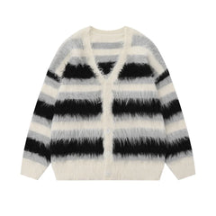 Striped Fleece-lined V-neck Sweater Jacket