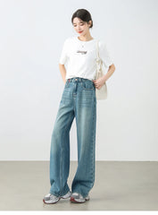 Cotton Jeans Pants Straight Vintage Denim High-waist Full-length Pockets Trousers
