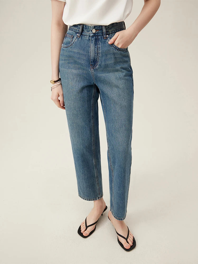 100% Cotton Cropped Jeans  Waist Straight Leg Denim Blue Pants